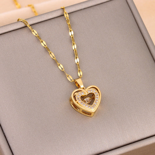 Double-layer Love Necklace With Rhinestones Titanium Steel Pendant — Women's Fashion Jewelry F09